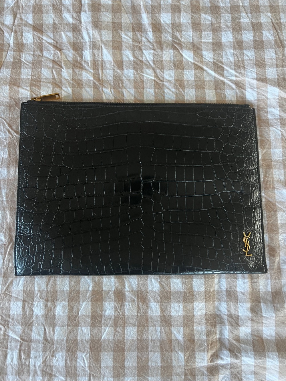 Saint Laurent Black Croc-Embossed Zip Pouch with Gold YSL Monogram